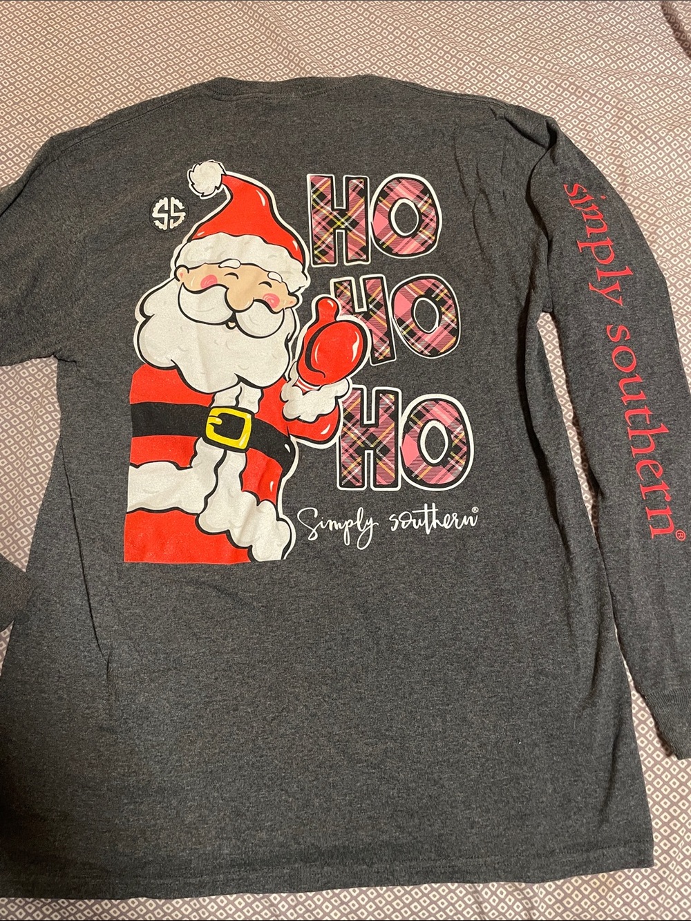 Simply Southern Dark Gray Long Sleeve Santa 'HO HO HO' Plaid Tee